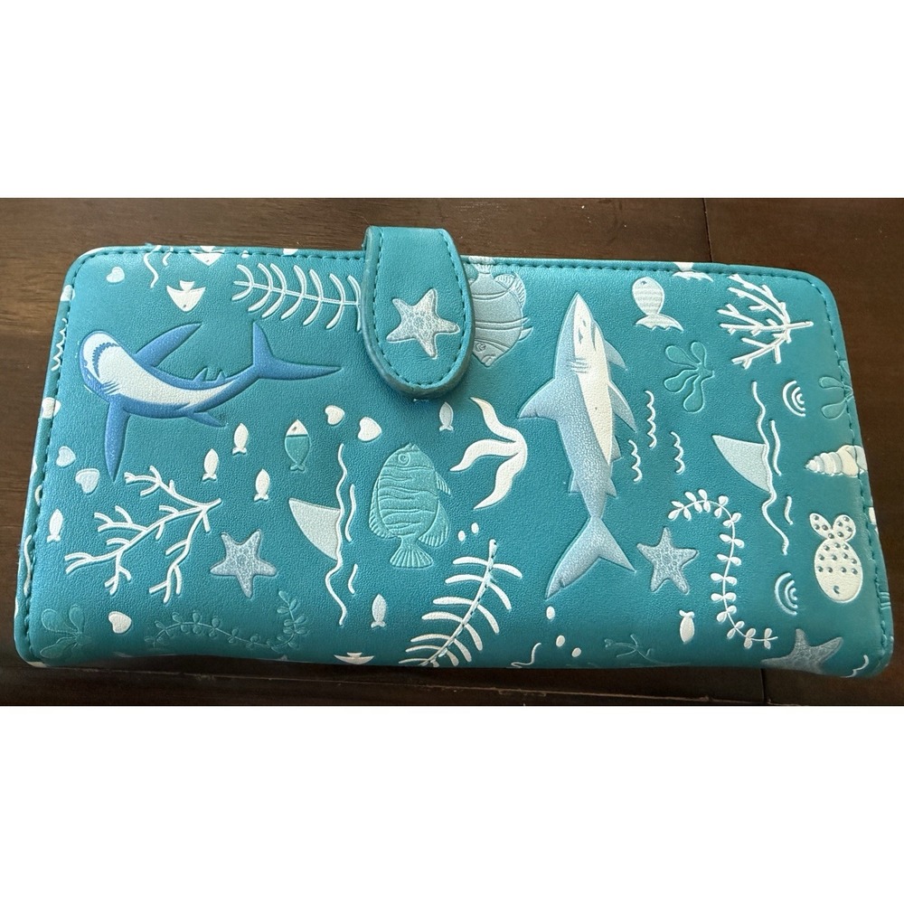 Shag Wear Shark Pattern Wallet Vegan Faux Leather 7" Teal READ DESC